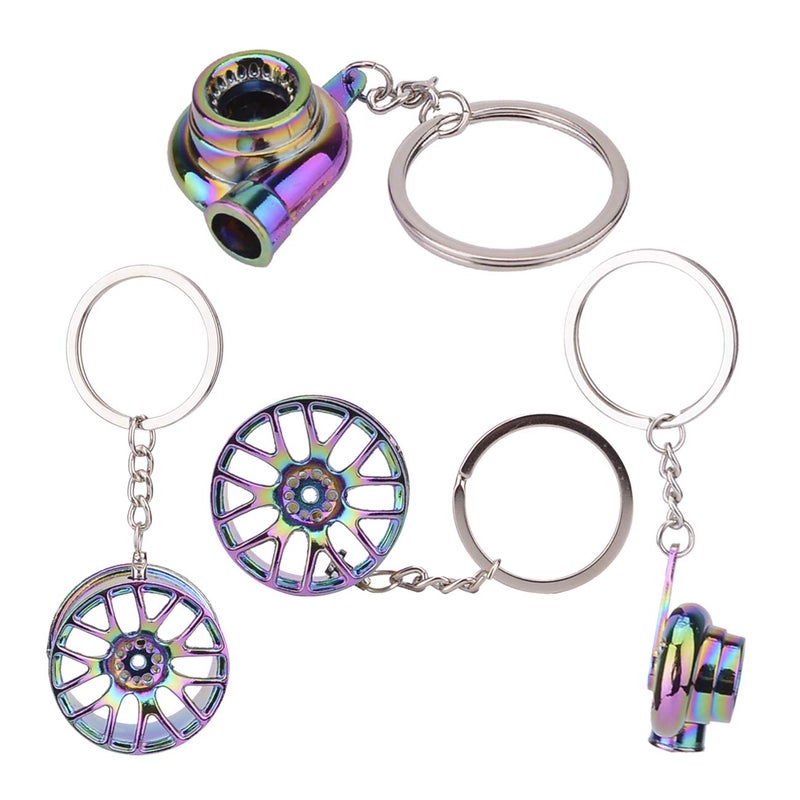 FEBRYTOLD 5 Pcs Car Parts Model Key Chains, Colorful Turbo Keychain, Black Manual Gearbox Keychain, Colorful Tire Rim Key chain, Blue Brake Rotor Key chain, Red Spring Shock-absorber Keychains - Image 4